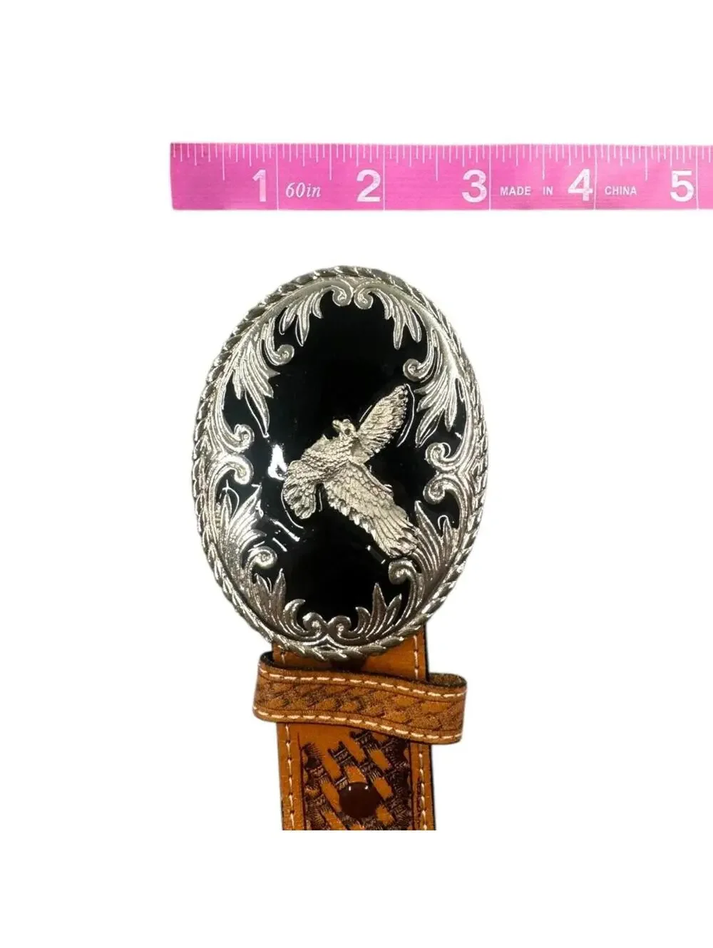 Western Style Tooled Leather Belt With Silver Eagle Buckle